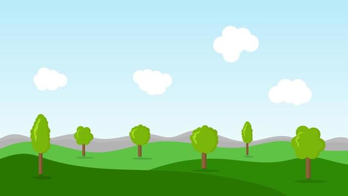 landscape cartoon scene with green trees on hills and white fluffy cloud in summer blue sky background