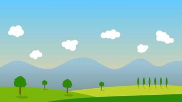 landscape cartoon scene with green trees on hills and white fluffy cloud in summer blue sky background vector