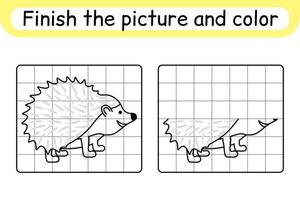 Complete the picture hedgehog. Copy the picture and color. Finish the image. Coloring book. Educational drawing exercise game for children vector