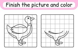 Complete the picture duck. Copy the picture and color. Finish the image. Coloring book. Educational drawing exercise game for children vector