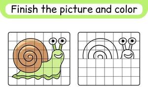 Complete the picture snail. Copy the picture and color. Finish the image. Coloring book. Educational drawing exercise game for children vector