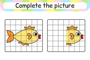 Complete the picture fish. Copy the picture and color. Finish the image. Coloring book. Educational drawing exercise game for children vector