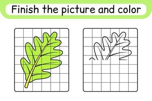 Complete the picture leaf oak. Copy the picture and color. Finish the image. Coloring book. Educational drawing exercise game for children vector