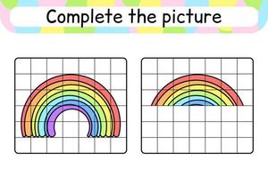 Completa la imagen del arcoíris. copiar la imagen y el color. terminar la imagen. libro de colorear. juego educativo de ejercicios de dibujo para niños vector