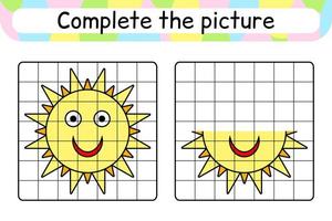 Complete the picture sun. Copy the picture and color. Finish the image. Coloring book. Educational drawing exercise game for children vector