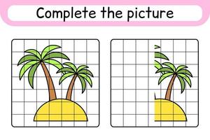 Complete the picture palm. Copy the picture and color. Finish the image. Coloring book. Educational drawing exercise game for children vector