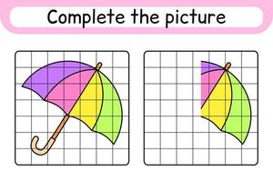 completa el paraguas de la imagen. copiar la imagen y el color. terminar la imagen. libro de colorear. juego educativo de ejercicios de dibujo para niños vector