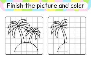 Complete the picture palm. Copy the picture and color. Finish the image. Coloring book. Educational drawing exercise game for children vector