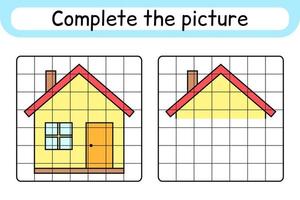 Complete the picture home. Copy the picture and color. Finish the image. Coloring book. Educational drawing exercise game for children vector