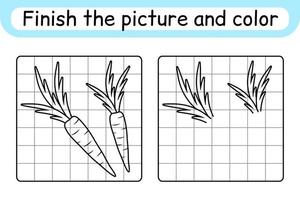 completa la imagen zanahoria. copiar la imagen y el color. terminar la imagen. libro de colorear. juego educativo de ejercicios de dibujo para niños vector