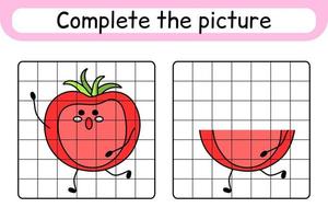 Complete the picture tomato. Copy the picture and color. Finish the image. Coloring book. Educational drawing exercise game for children vector