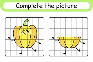 Complete the picture pepper. Copy the picture and color. Finish the image. Coloring book. Educational drawing exercise game for children vector