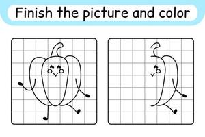 Complete the picture pepper. Copy the picture and color. Finish the image. Coloring book. Educational drawing exercise game for children vector