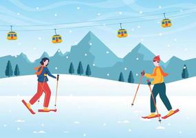 Snowboarding Hand Drawn Cartoon Flat Illustration of People in Winter Outfit Sliding and Jumping with Snowboards at Snowy Mountain Sides or Slopes vector