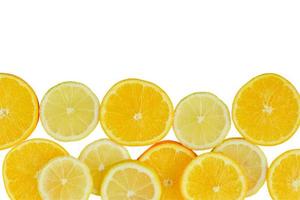 citrus slice, oranges and lemons on white background. Fruits backdrop photo