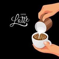 Vector illustration, barista hand making coffee latte art, isolated on dark background.