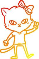 dibujo de línea de gradiente cálido niña de gato de dibujos animados lindo dando el signo de la paz vector