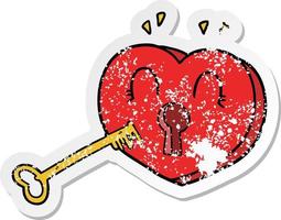 distressed sticker of a cartoon heart with key vector