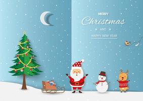 feliz navidad y feliz año nuevo tarjeta de felicitación con lindo santa claus y amigos felices en la noche de invierno vector