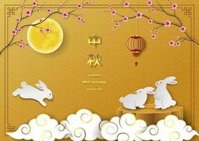 festival de mediados de otoño, tema de celebración con lindos conejos, luna llena, farol, flor de cerezo y pastel de luna sobre fondo chino