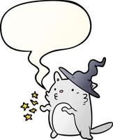 Mago de gato de dibujos animados asombroso mágico y burbuja de habla en estilo degradado suave vector
