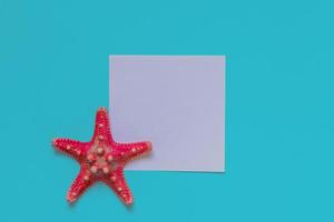 Red starfish on light blue background with copy space. summer holiday and vacation concept photo