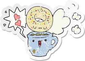 cute cartoon donut and coffee and speech bubble distressed sticker vector