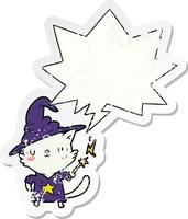 magical amazing cartoon cat wizard and speech bubble distressed sticker vector