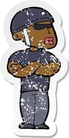 retro distressed sticker of a cartoon security guard vector