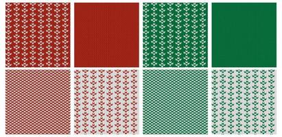 Red and green set of knitted Christmas patterns. Classic holiday background for banners, cards and posters. Fairisle or norwegian needlework in vector