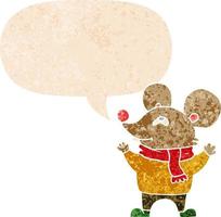 cartoon mouse wearing scarf and speech bubble in retro textured style vector