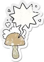 cartoon mushroom and spore cloud and speech bubble distressed sticker vector