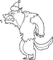 angry werewolf line drawing of a wearing santa hat vector