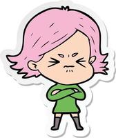 sticker of a cartoon angry girl vector