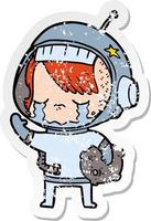 pegatina angustiada de una niña astronauta llorando de dibujos animados que lleva una muestra de roca vector