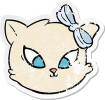 distressed sticker of a cute cartoon cat with bow vector