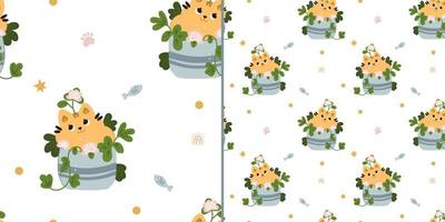 Seamless pattern with cute cats in flowers on a white background. Children's texture in scandinavian style for fabric, textile, clothing, nursery decoration. Vector illustration