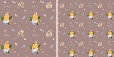 Seamless pattern with cute cats in flowers on a brown background. Children's texture in scandinavian style for fabric, textile, clothing, nursery decoration. Vector illustration