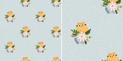 Seamless pattern with cute cats in flowers on a blue background. Children's texture in scandinavian style for fabric, textile, clothing, nursery decoration. Vector illustration