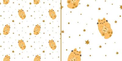 Seamless pattern with cute cats in the stars on a white background. Children's texture in scandinavian style for fabric, textile, clothing, nursery decoration. Vector illustration