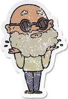 distressed sticker of a cartoon curious man with beard and sunglasses vector