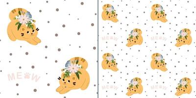 patrón impecable con lindos gatos en flores sobre un fondo blanco. textura infantil en estilo escandinavo para telas, textiles, prendas de vestir, decoración infantil. ilustración vectorial vector