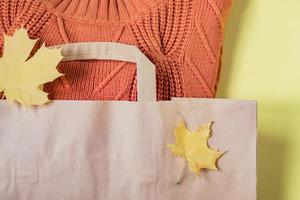 pacled terracota sweater in paper bag with maple leaves. Autumn clothes concept photo