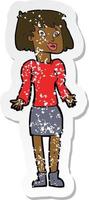 retro distressed sticker of a cartoon woman shrugging shoulders vector