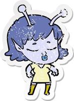 distressed sticker of a cute alien girl cartoon vector