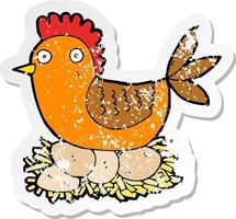 pegatina retro angustiada de una caricatura de gallina en huevos vector