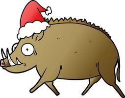 gradient cartoon of a wild boar wearing santa hat vector