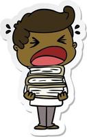 sticker of a cartoon shouting man with stack of books vector