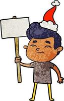 happy textured cartoon of a man with sign wearing santa hat vector