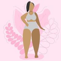 Vector illustration on the theme of body positivity. A girl with wide hips, with a very short haircut on the background of beautiful leaves. Flat style